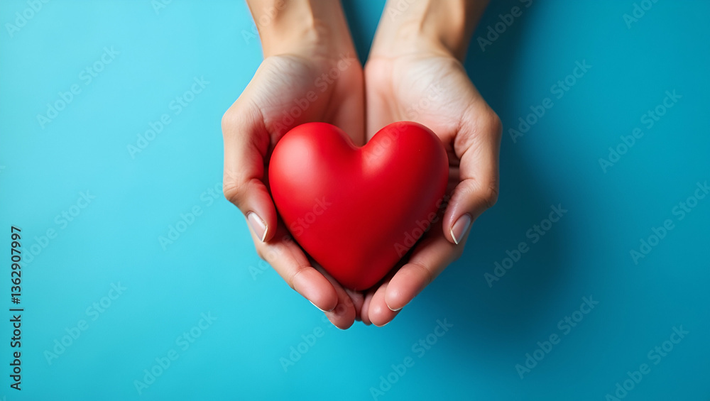 Top View of Hands Holding a Red Heart on Blue Background: Celebrating World Heart Day, National Organ Donor Day, and Promoting Healthcare Wellbeing and Life Insurance Top View of Hands Holding a Red Heart on Blue Background: Celebrating World Heart Day, National Organ Donor Day, and Promoting Healthcare Wellbeing and Life Insurance