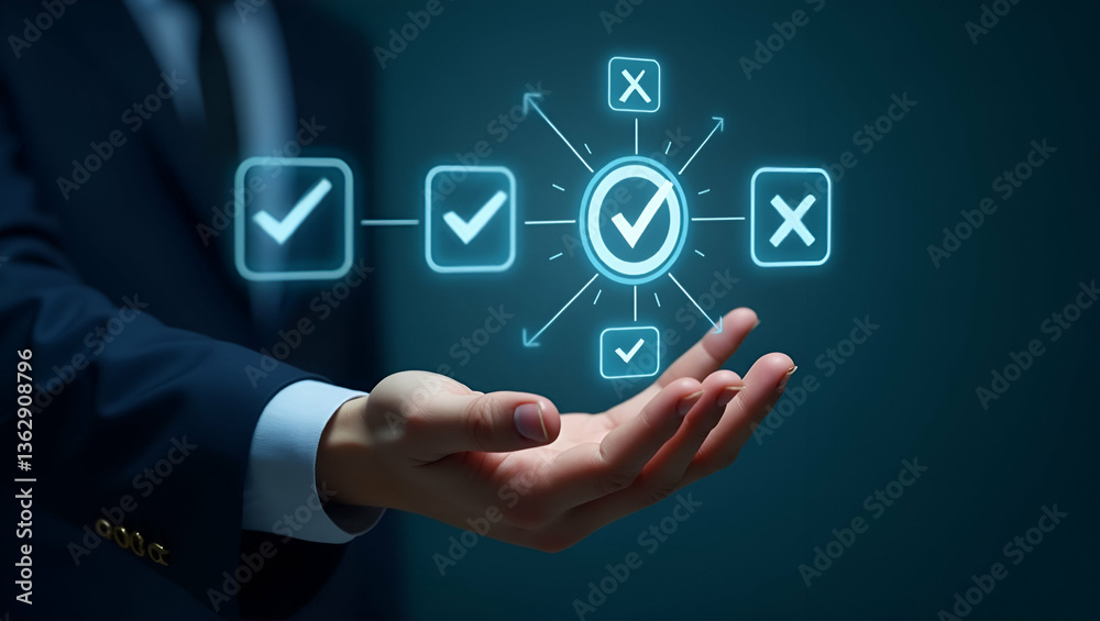 Hand using holographic business strategy interface displaying target check marks quality management icons in empty space concept as Hand uses holographic business strategy interface showcasing target Hand using holographic business strategy interface displaying target check marks quality management icons in empty space concept as Hand uses holographic business strategy interface showcasing target
