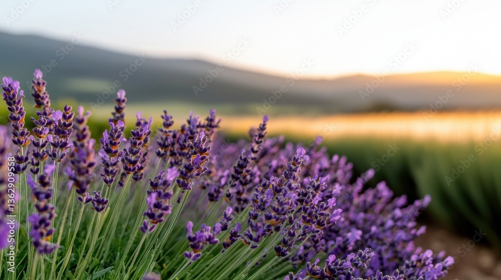 Obraz premium Flowers morning mist Concept, Serene Lavender Flowers in a Tranquil Garden at Sunrise with Soft Morning Light and Scenic Mountains