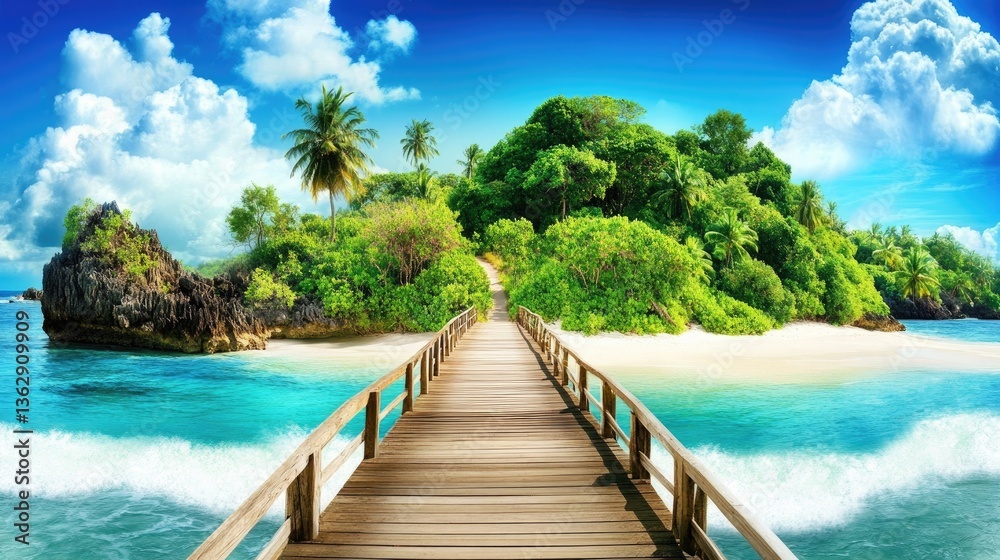 Fototapeta premium Tropical Island Paradise: A Wooden Bridge Leading to Lush Island