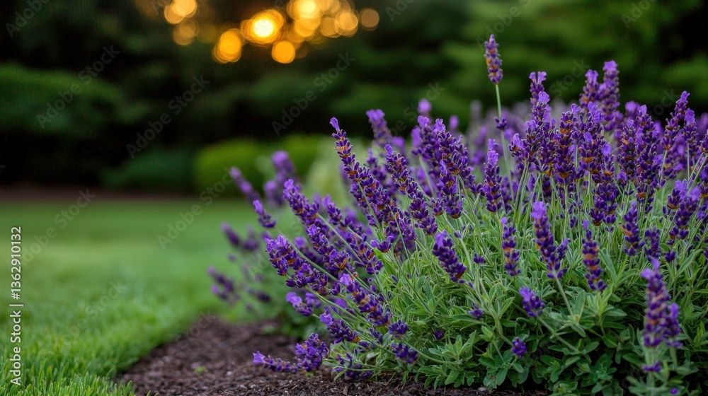 Obraz premium Flowers morning mist Concept, Serene Lavender Flowers Blossoming Under a Morning Sun in a Tranquil Garden Setting