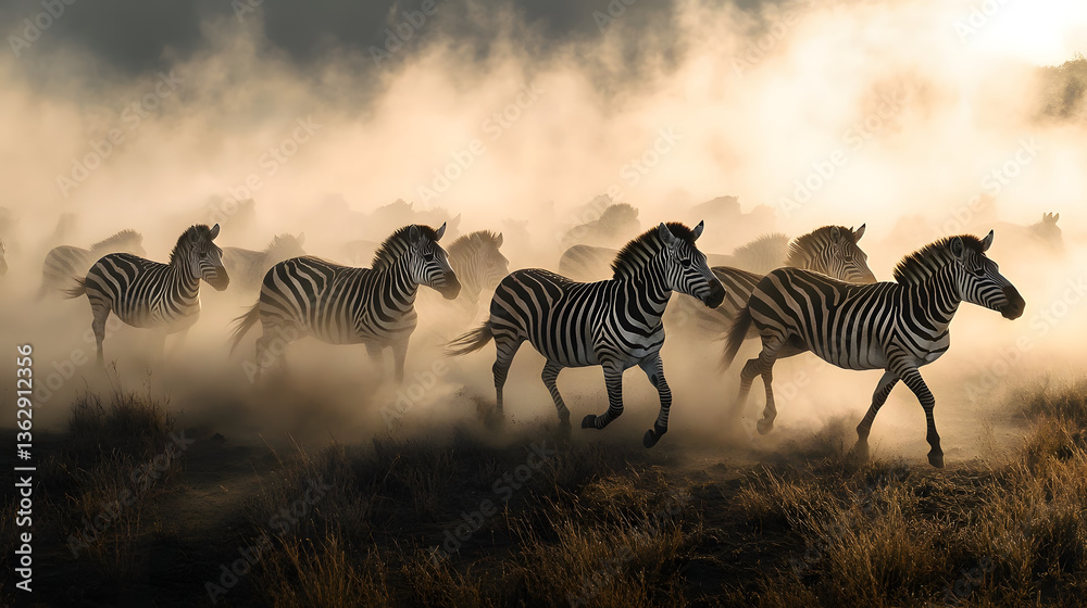 Obraz premium A herd of zebras gallops through a foggy terrain, their black and white stripes contrasting against the mist, creating an evocative atmosphere in the African savanna at dusk.