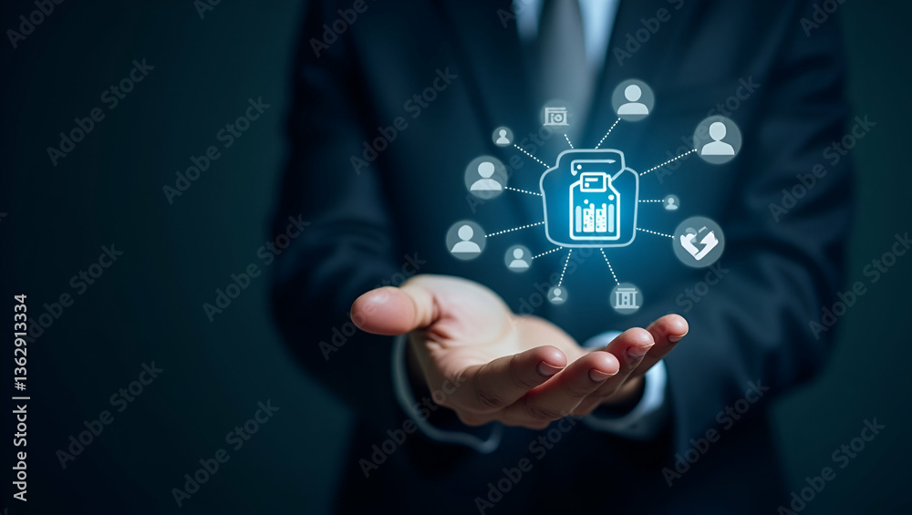 Hand Holding Holographic Incident Management Device: Visualizing Risk Assessment, Data Analysis, and Problem Resolution Icons for Effective Business Issue Management in Stock Photo Concept Hand Holding Holographic Incident Management Device: Visualizing Risk Assessment, Data Analysis, and Problem Resolution Icons for Effective Business Issue Management in Stock Photo Concept