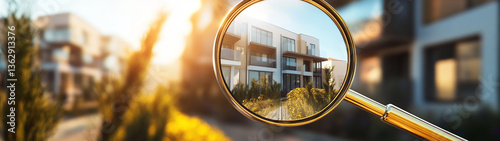 Housing Challenges Concept: Magnifying Glass on Modern Home. Generative AI
