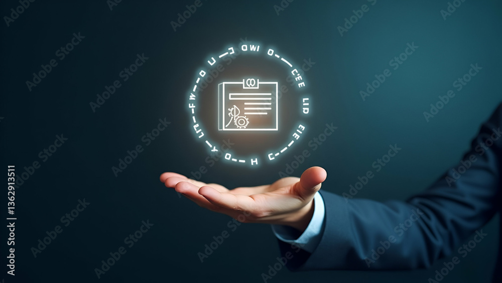 Streamlined Low Code Automation: Flat Hand Presenting Holographic Process Icon in Clean Setting Streamlined Low Code Automation: Flat Hand Presenting Holographic Process Icon in Clean Setting