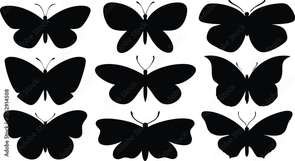 Butterfly Silhouettes: An artistic display of various butterfly silhouettes in a minimalist, yet captivating, design. Butterfly Silhouettes: An artistic display of various butterfly silhouettes in a minimalist, yet captivating, design.