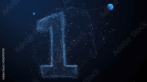 Starry Sky Number One Vector - Abstract Space Digit 1 Wireframe with Planets and Stars in a Primordial Universe Concept