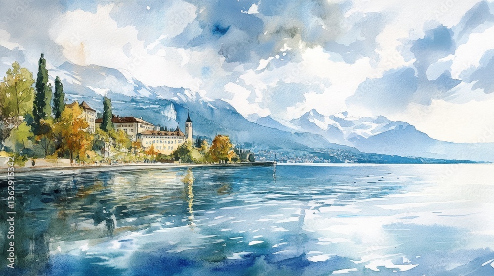 Fototapeta premium Serene Lake Geneva Waterfront - Tranquil lake scene, reflecting mountains and autumnal trees. Symbolizing peace, serenity, nature's beauty, reflection, and seasonal change