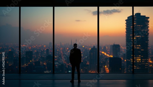 A lone, gaunt person is illuminated by neon lights reflected through office building windows, set against a vibrant urban backdrop of skyscrapers and bustling streets.