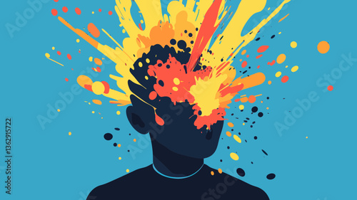 Colorful Abstract Concept of Exploding Head with Paint Splashes Representing Creative Brainstorm or Mental Explosion, Surreal Vector Illustrations