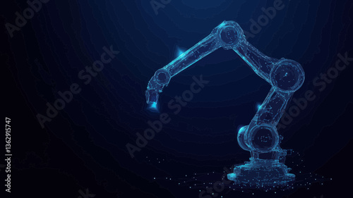 Digital Polygonal Wireframe Robotic Arm in Dark Blue Background Representing Automation and Industry 4.0 Concept - Abstract Minimalist Vector Illustration
