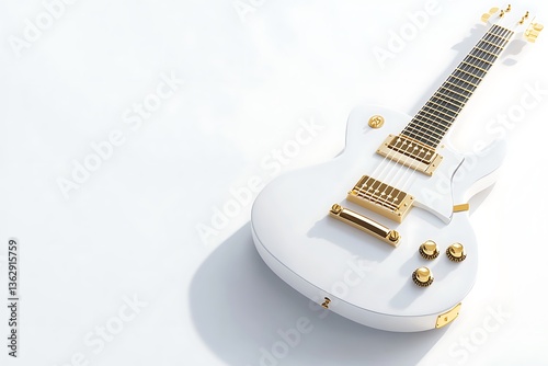 Electric Guitar White and Gold Accents, Strings, Tuners, Fretboard, Body, Clean Look