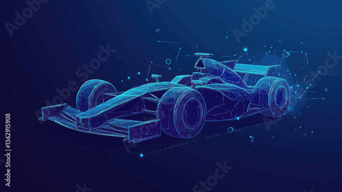 Polygonal F1 Car Speed Concept Vector Illustration with Flying Debris Mesh Spheres in Minimalist Blue Structure Style SVG