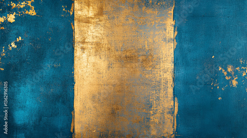 Abstract painting featuring a gold rectangle flanked by textured blue sections with gold flecks