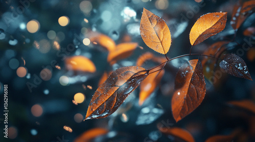 Close up of autumn leaves with water droplets against a blurred bokeh background in a dark setting