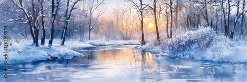 Serene Winter Sunrise Landscape - Tranquil winter scene, snow-covered trees, frozen river reflecting sunrise, peaceful atmosphere, symbolizes serenity, nature's beauty, winter magic, hope