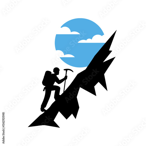 A climber using an ice axe to ascend a steep mountain logo color vector isolated white background