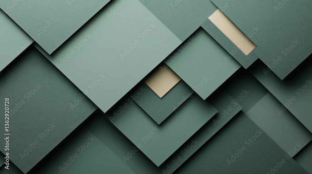 Fototapeta premium Abstract geometric pattern of overlapping squares in muted shades of green and beige.