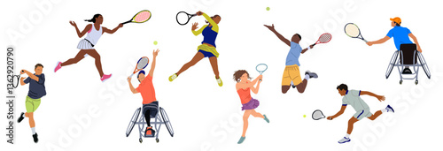Set of sports men and women big tennis players.