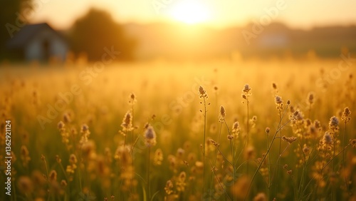 Golden Sunset Over a Field of Wildflowers: A Tranquil Countryside Landscape at Dusk