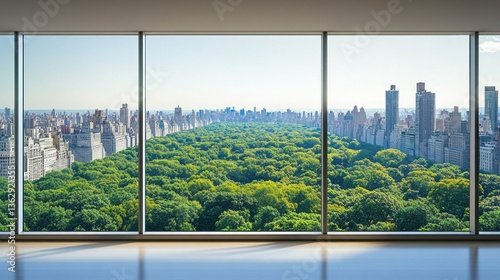 Cityscape View Through Windows with Green Park and Skyscrapers in the Distance