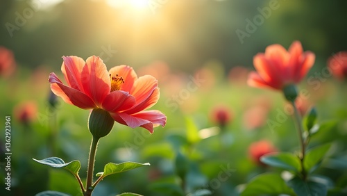 Radiant Red Flowers Blooming in a Lush Green Field Bathed in Golden Sunlight.