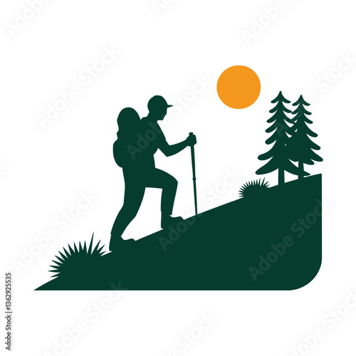 A hiker walking uphill with a backpack and trekking pole logo vector isolated white background