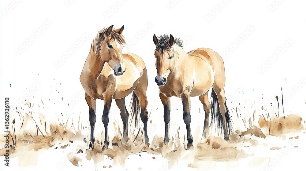 Obraz premium Watercolor Horses of Khustain Nuruu - Two light brown horses stand in a field of tan grass, symbolizing freedom, nature, Mongolia, wildlife, and serenity