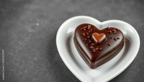 A heart-shaped chocolate dessert garnished with chocolate shavings on a white plate.