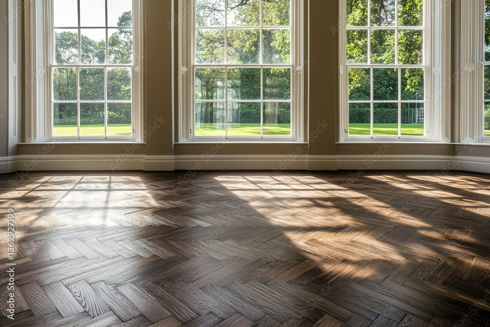 Fototapeta premium Bright Room with Herringbone Wood Floor, White Framed Windows & Nature View Sunlight