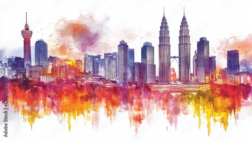 Obraz premium Watercolor Kuala Lumpur Skyline - Vibrant watercolor painting of Kuala Lumpur's iconic skyline, symbolizing modernity, culture, diversity, progress, and tourism