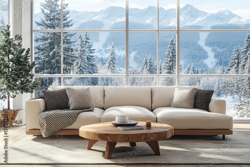 Cozy Interior Beige Sofa, Wooden Table, Winter Mountain View Through Window