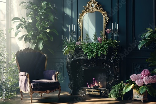 Ornate Fireplace with Burning Fire, Lavender Chair, Mirror, Candlesticks and Foliage