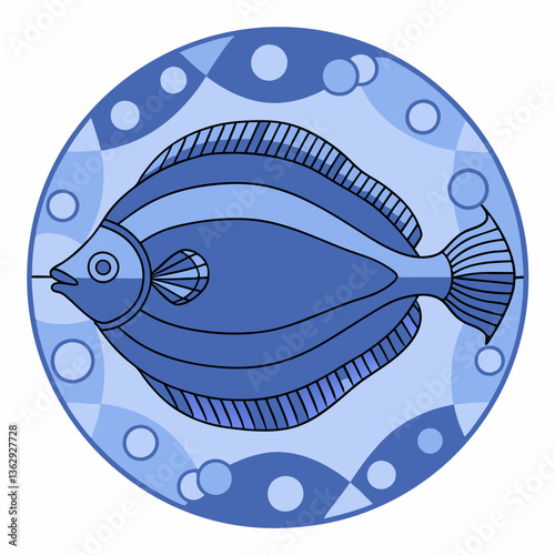 Flatfish illustration in blue tones with abstract bubbles