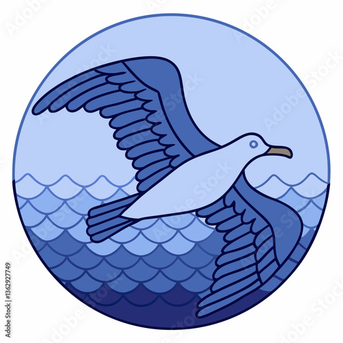 Flying seabird above ocean waves in stylized illustration