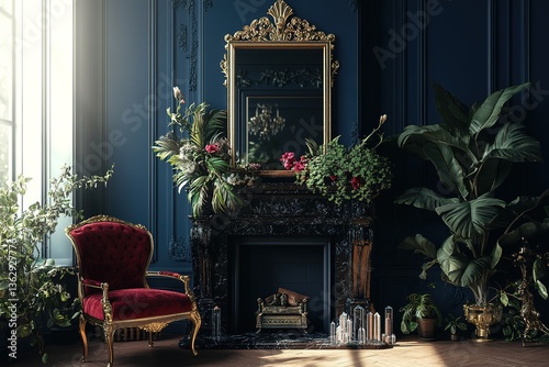Ornate Room with Red Chair, Black Fireplace, and Golden Mirror Featuring Detailed Decor
