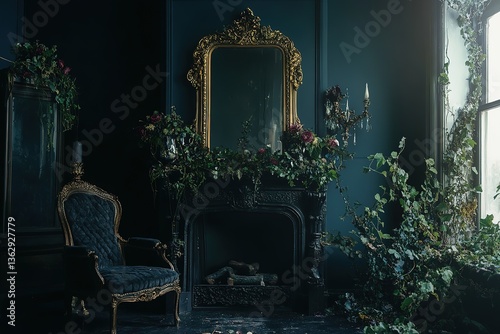 Ornate Gold Framed Mirror, Black Fireplace, Decorative Chair, Indoor Luxury Decor