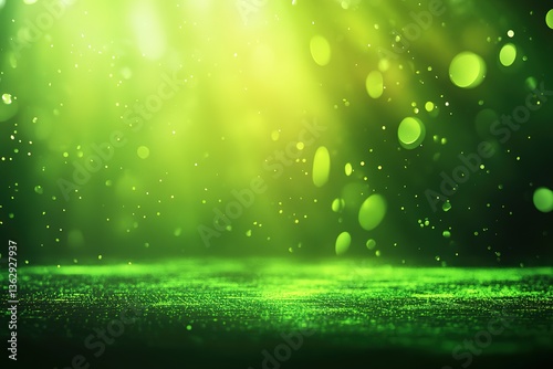 Abstract Green Bokeh Lights Background with Sparkling Particles and Blurred Backdrop