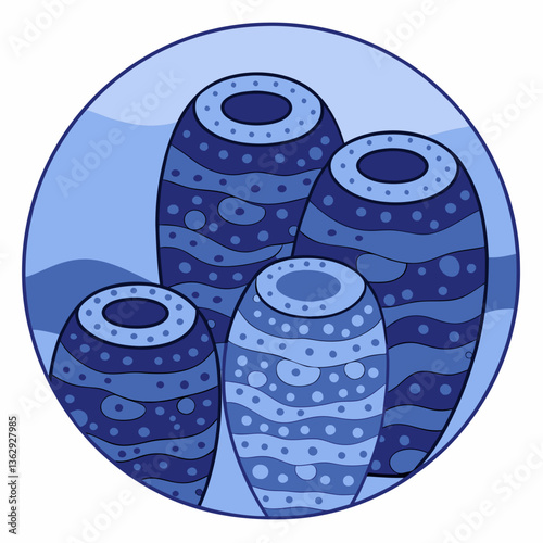 Sea sponges group illustration in blue colors