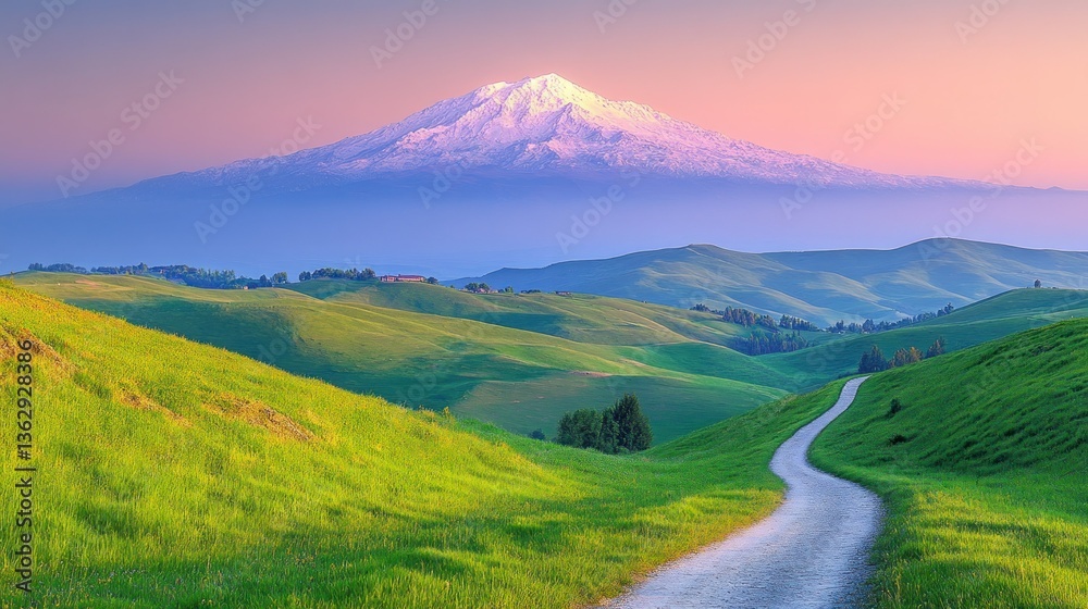 Fototapeta premium Serene mountain landscape at dawn. Rolling hills of vibrant green grass meet a winding dirt road leading to a majestic snow-capped volcano, bathed in the soft light of sunrise