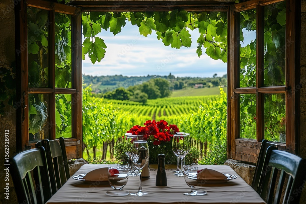 Fototapeta premium Vineyard Vista Dinner Table with Wine Glasses and Red Flowers Framed by Open Window
