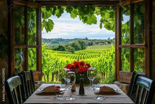 Vineyard Vista Dinner Table with Wine Glasses and Red Flowers Framed by Open Window