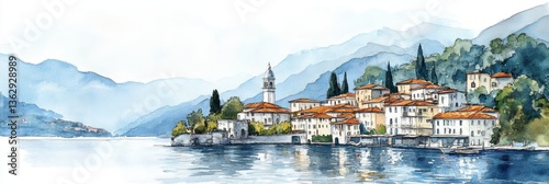 Watercolor Lake Como Italian Village Panorama - Serene watercolor painting of an Italian lakeside village nestled amongst mountains. It evokes tranquility, beauty, travel, history, and charm