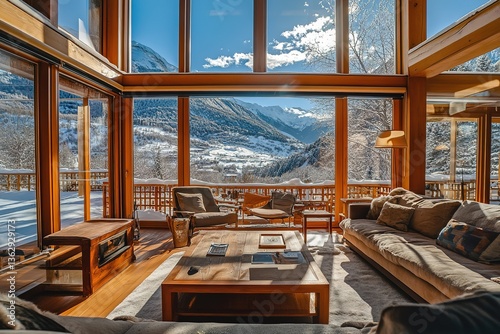 Interior of a Cozy Mountain Home with Fireplace, Sofa, Armchairs, and Snowy Mountain View