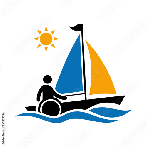A person in a wheelchair sailing a boat with a raised sail and a small sun in the sky logo vector isolated white background