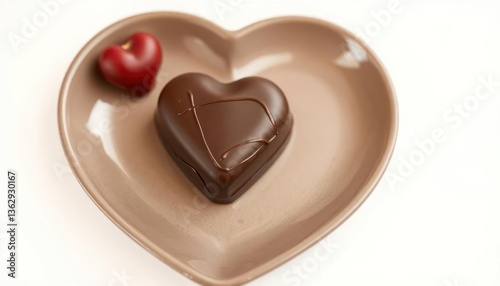 A heart-shaped chocolate sits on a plate with a small red heart, symbolizing love and affection.