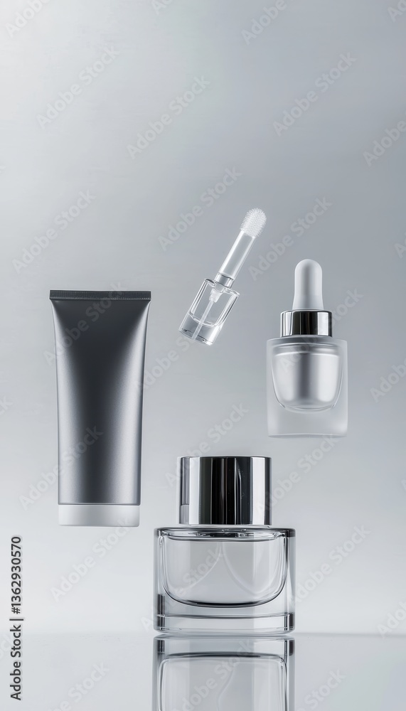 A sleek arrangement of skincare products floating against a minimalist background, showcasing modern packaging and design. A sleek arrangement of skincare products floating against a minimalist background, showcasing modern packaging and design.