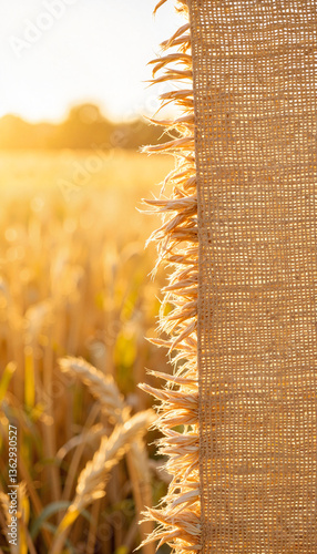 Rustic woven flax fabric catching golden hour light, countryside charm