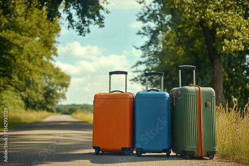Three Hard Shell Suitcases Stand SidebySide on the road in a Sunny, Natural Setting
