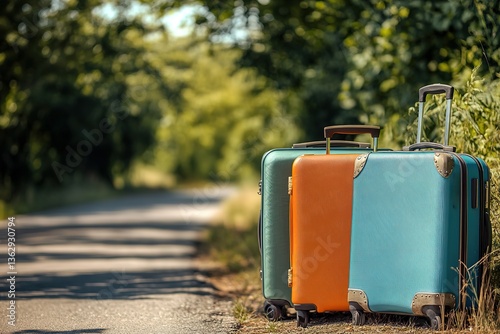 Stacked Luggage Green, Orange, Blue Suitcases on Roadside, Countryside View, Sunny Day